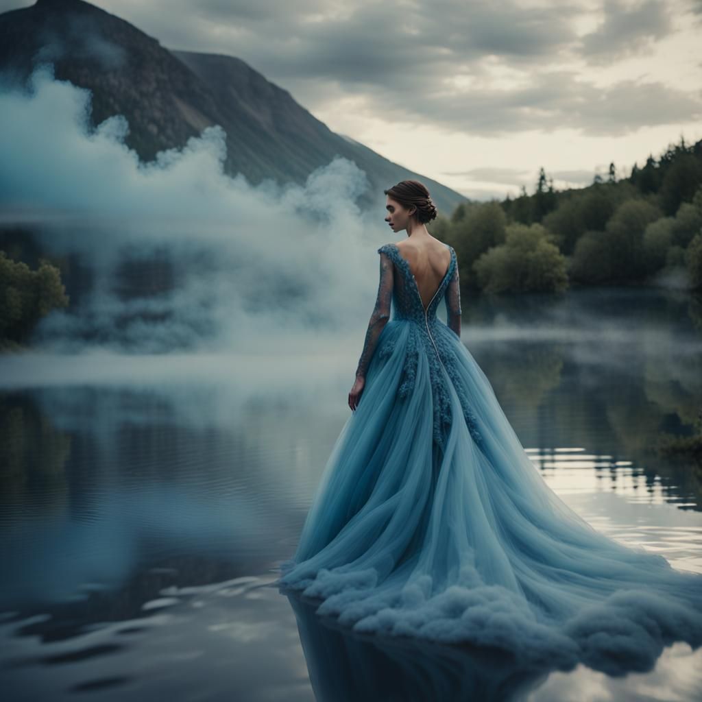 Bride in Blue Smoke Wedding Dress on Lake