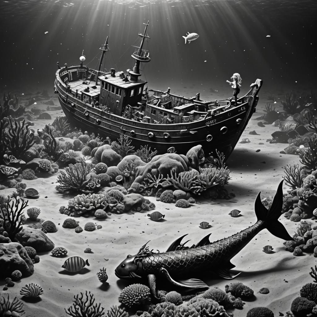 Colorful Mermaid in Black and White Shipwreck Scene