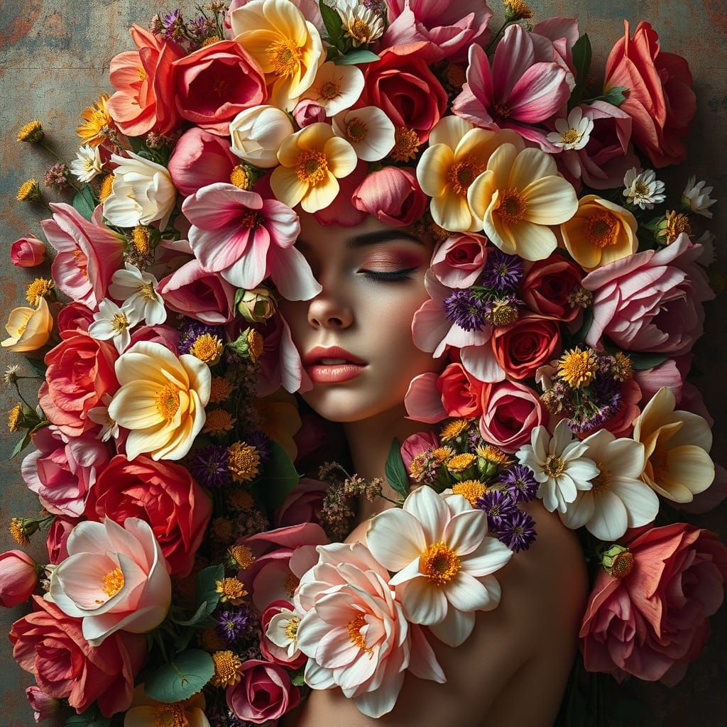Woman Enveloped in Vibrant Floral Arrangement