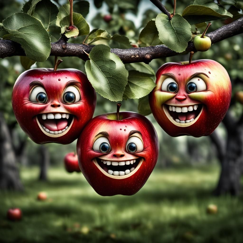 Chibi Apples with Laughing Faces on Tree