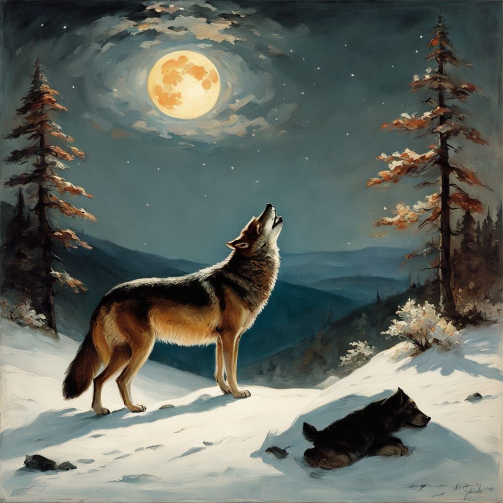 Lone Wolf Howling at Moon in Painterly Style