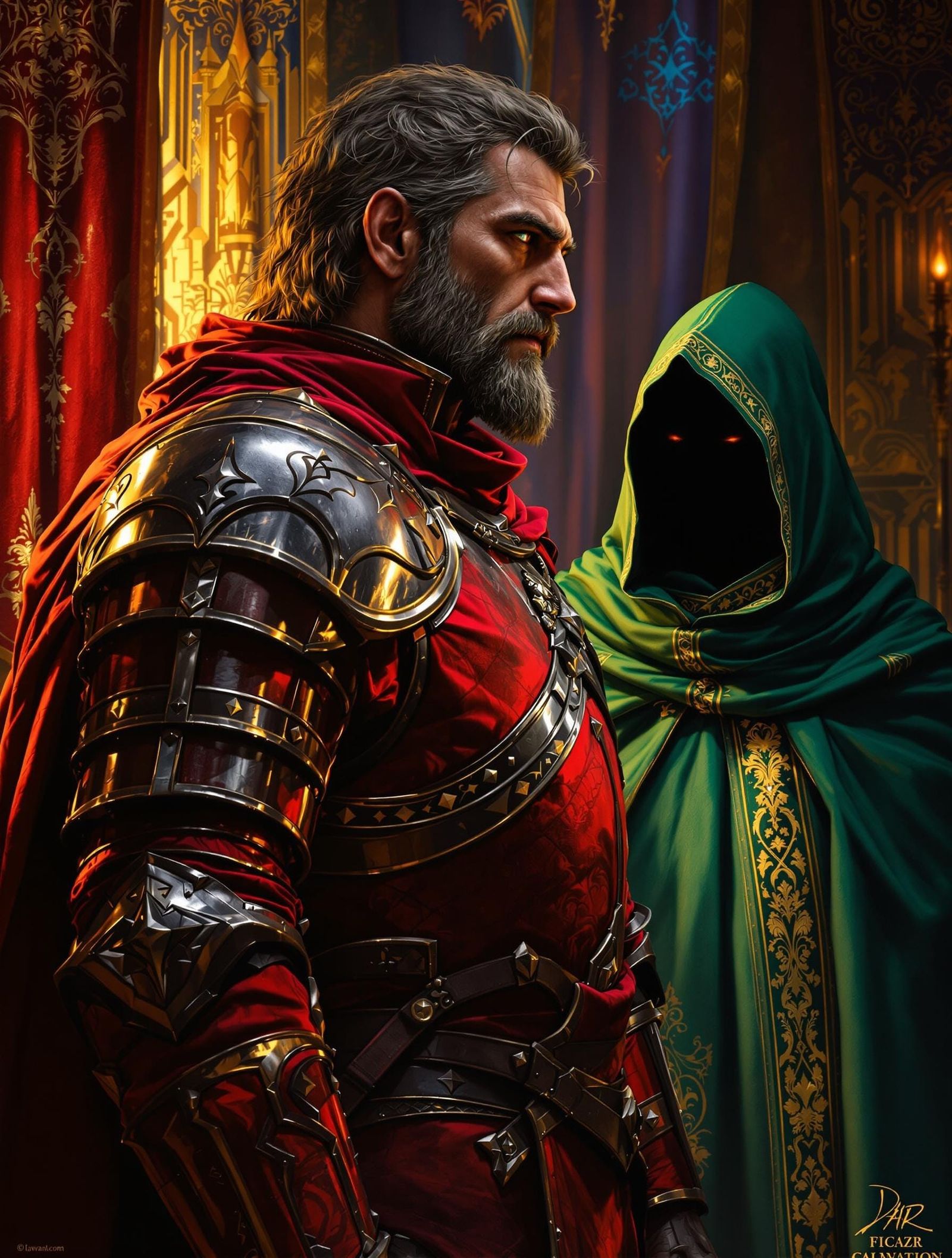Crimson Knight and Hooded Figure in Hyper-Realistic Style