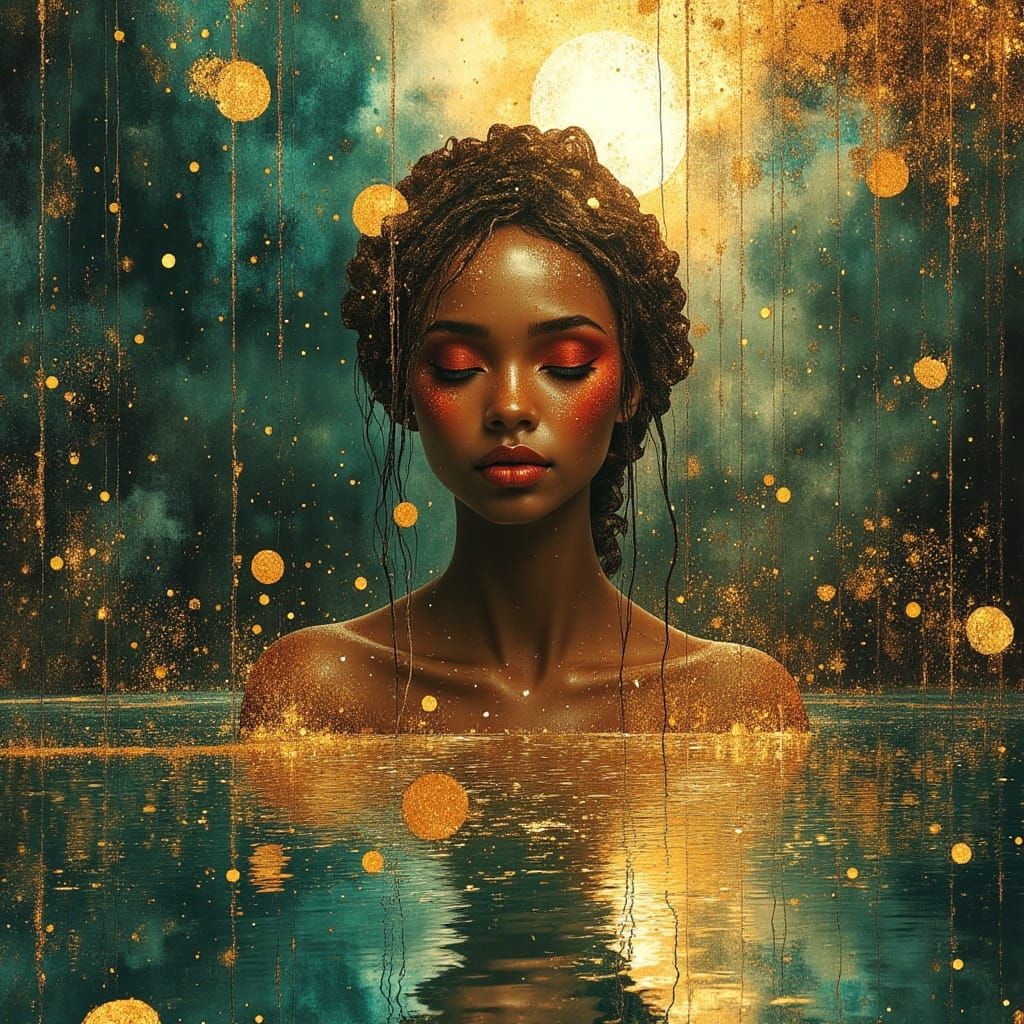 African Goddess Bathes in River as Oil Painting