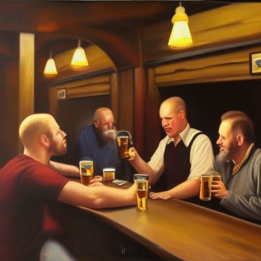 British Pub Scene: Three Men Enjoying Beer