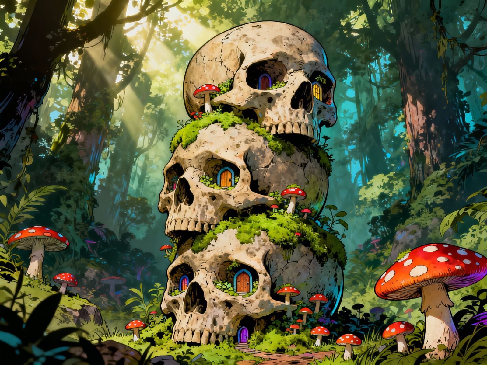 Skulls with Mushrooms in Mystical Forest, Visionary Art Styl...