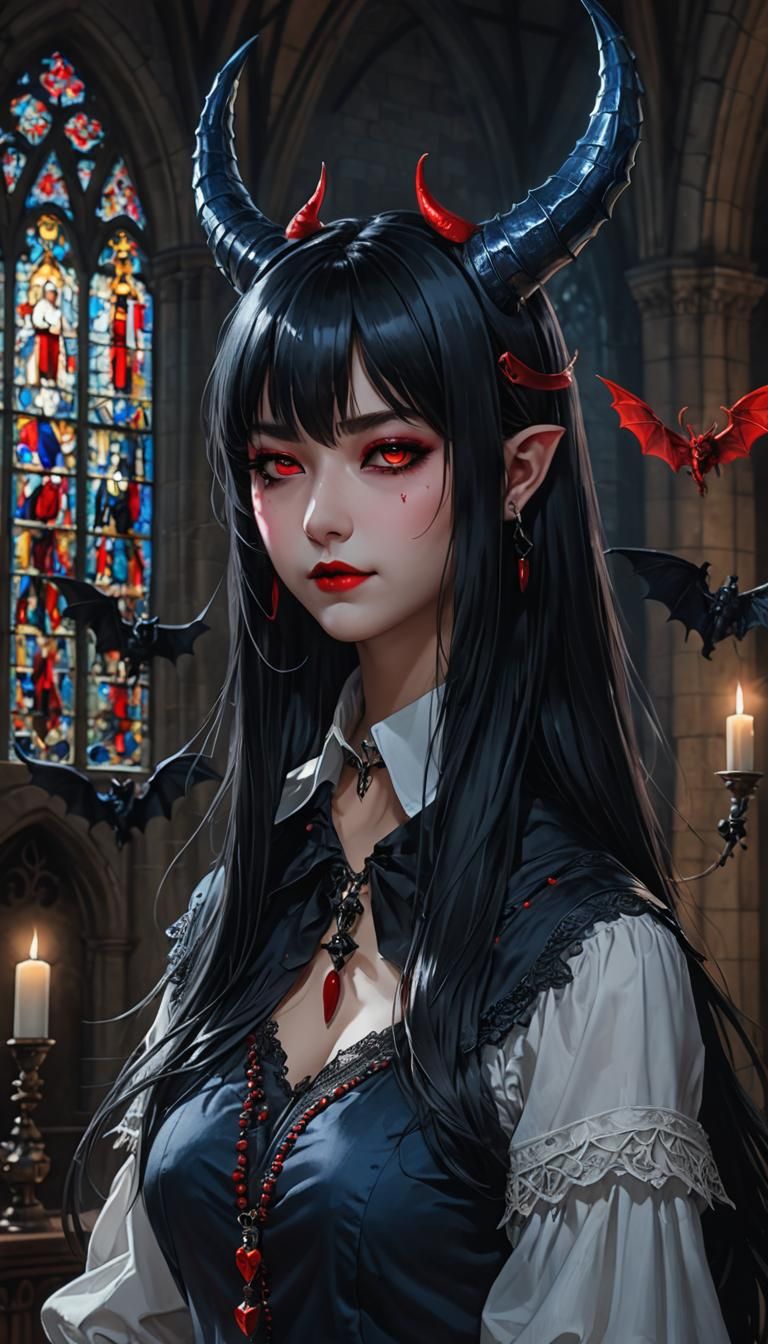 Demonic church background, young demoness enters our world