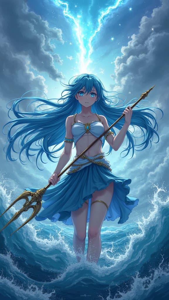 Anime Poseidon: Ocean Goddess with Trident