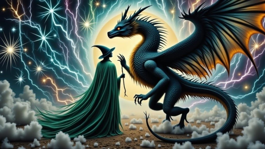 <lora:Psychopomp:1.0> Epic battle between the green bathrobe wizard and the fierce star dragon