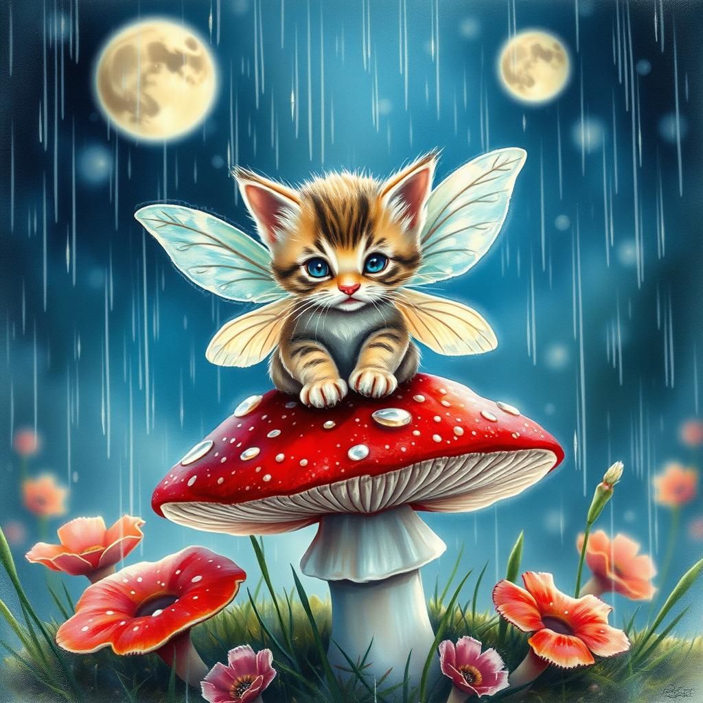 Watercolor Kitten Fairy on Mushroom in Rain