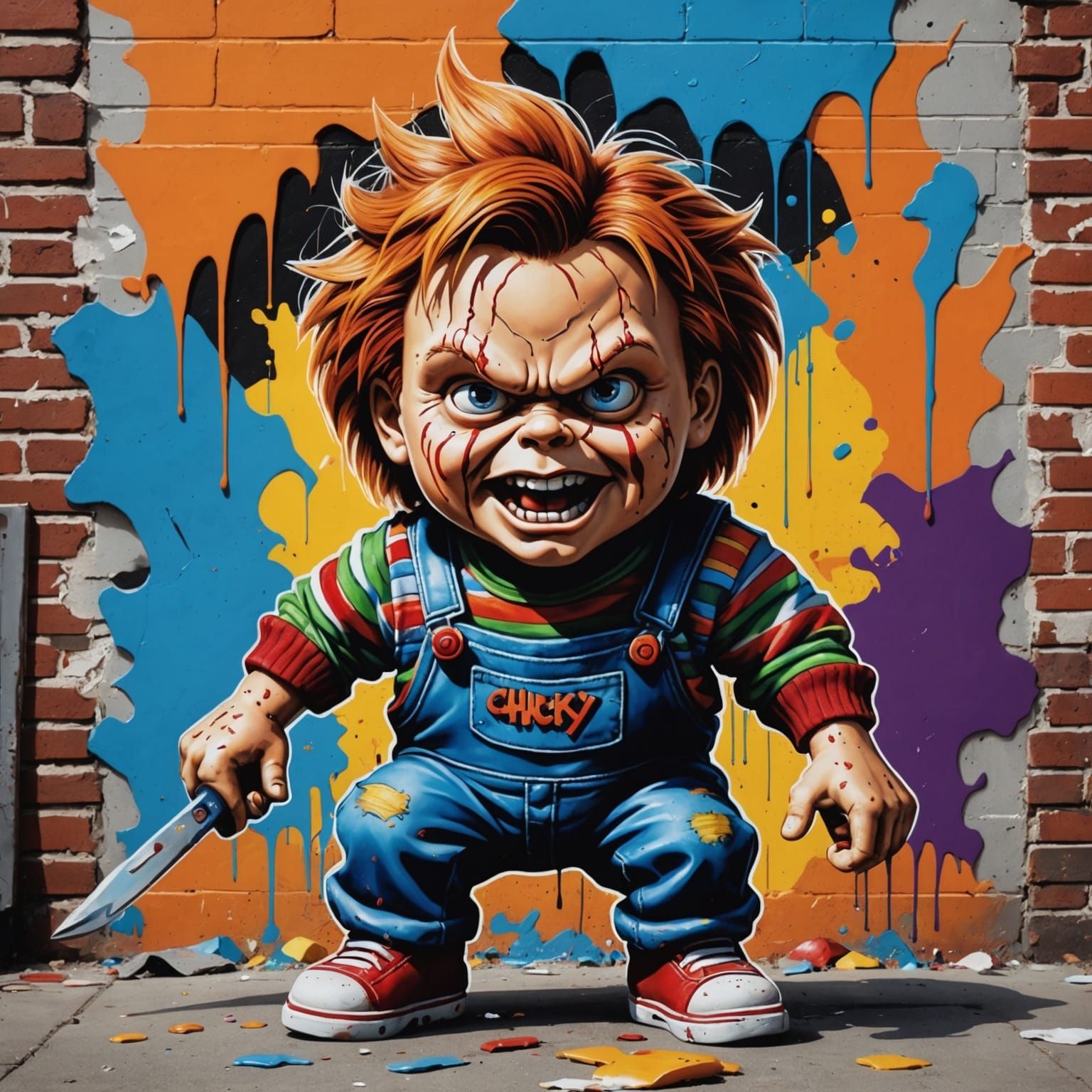 Chucky Graffiti Art Bursting Through Wall