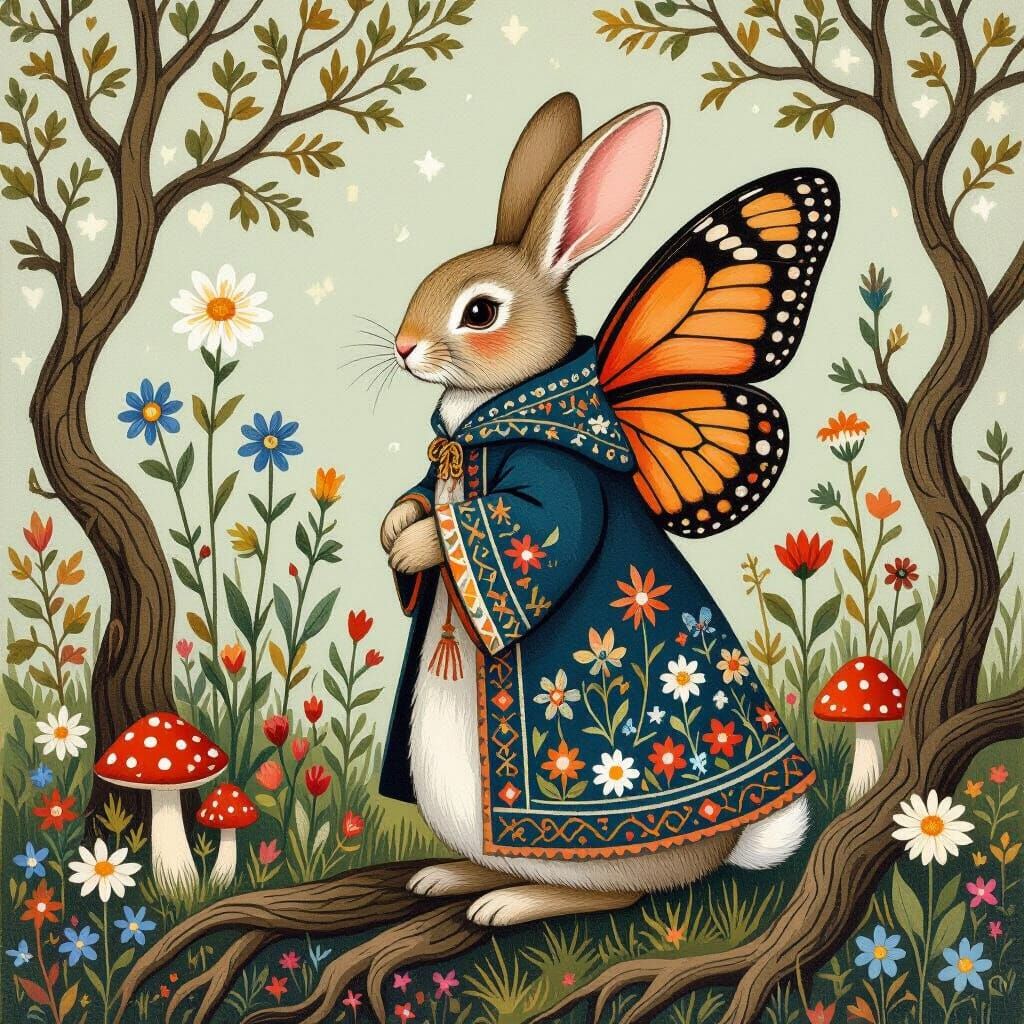 Rabbit with Butterfly Wings in Folk Art Style