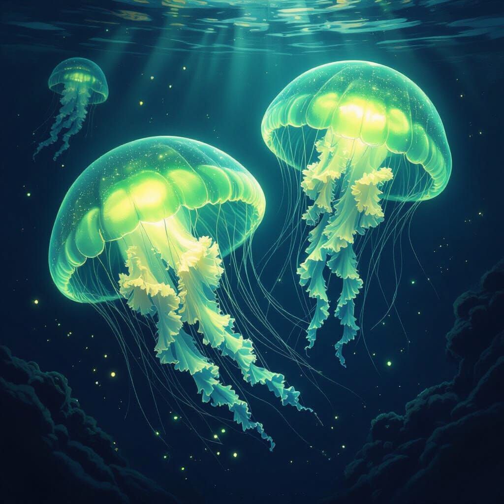 Bioluminescent Green Jellyfish in Deep Ocean Glow