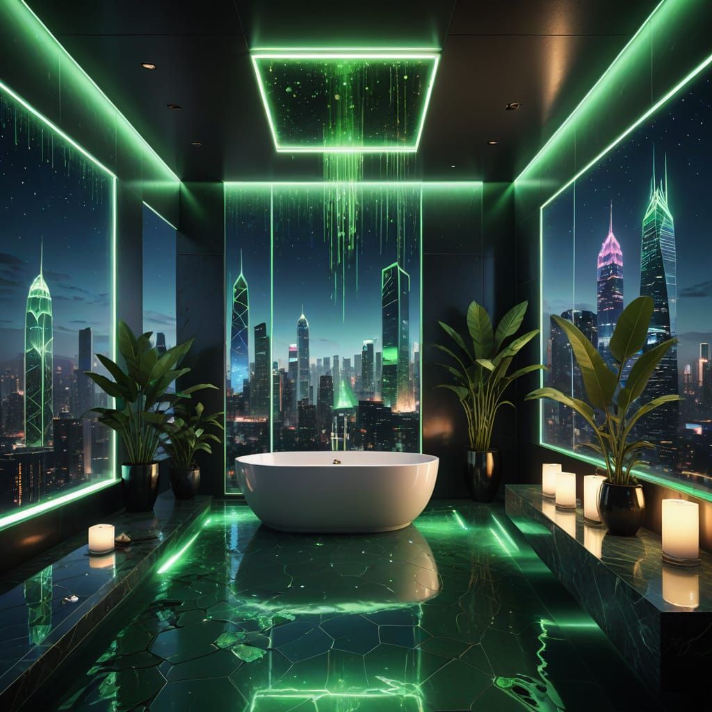 Futuristic Rooftop Bathroom With Emerald Lighting
