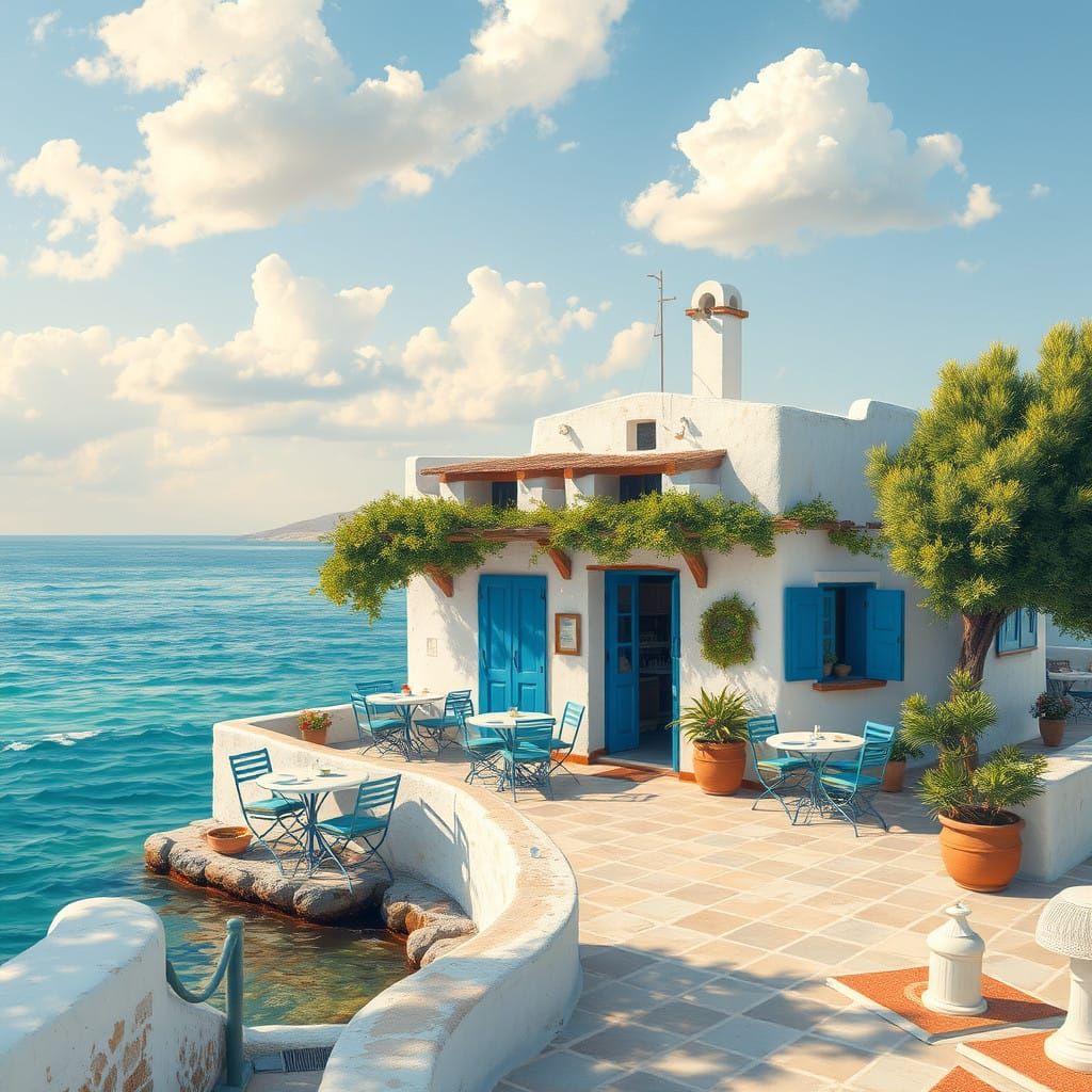 Idyllic Greek Taverna by the Turquoise Sea