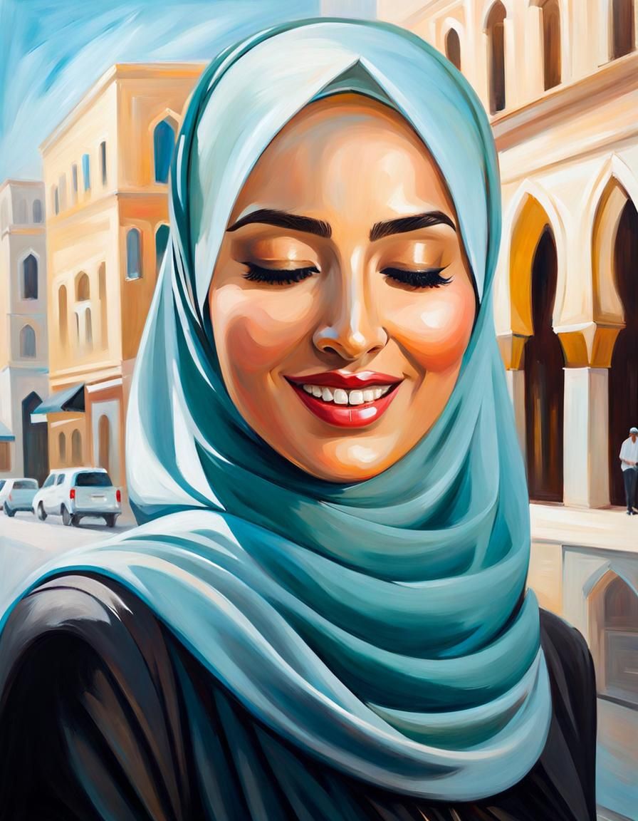 Elegant Hijabi Woman Smiling in Oil Painting
