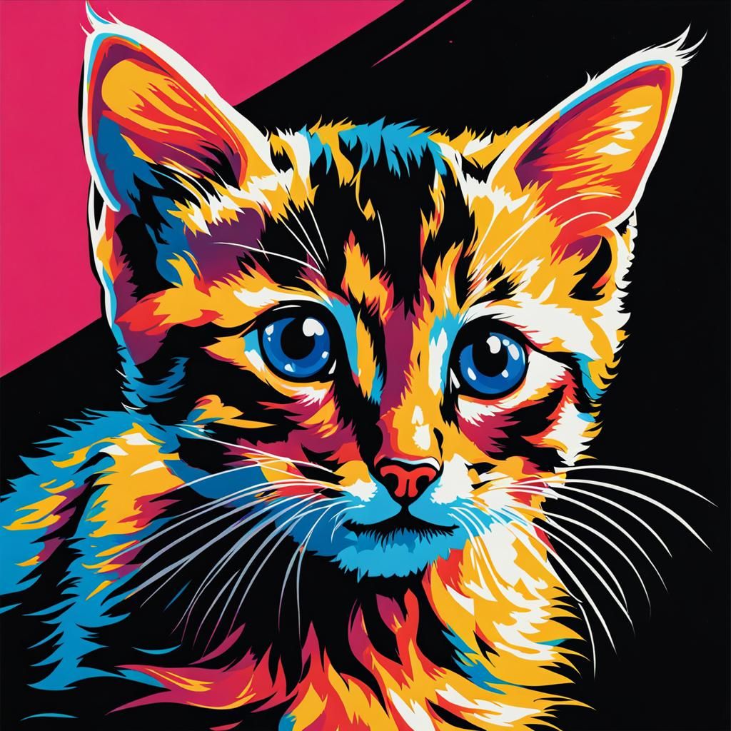Kitten Growls at Bug: A Pop Art Oil Painting