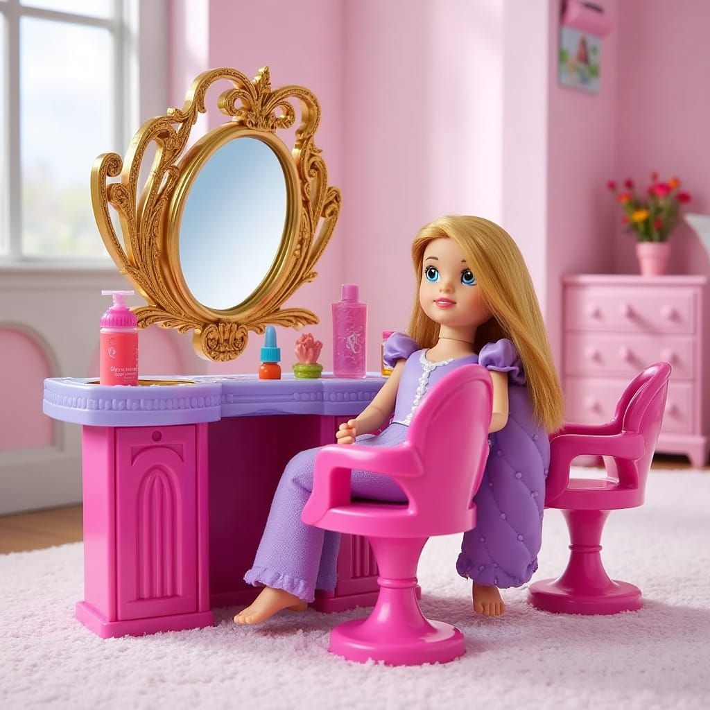 A toy advertisement reading, "Rapunzel's Hair Salon." It depicts a pink and purple and gold toy beauty salon.