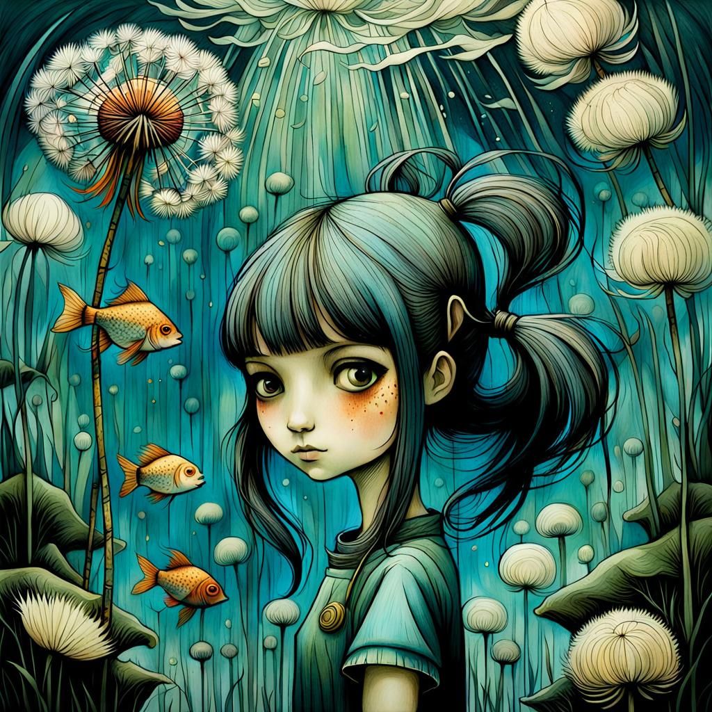 Girl with Dandelions and Fish: Sketch Art