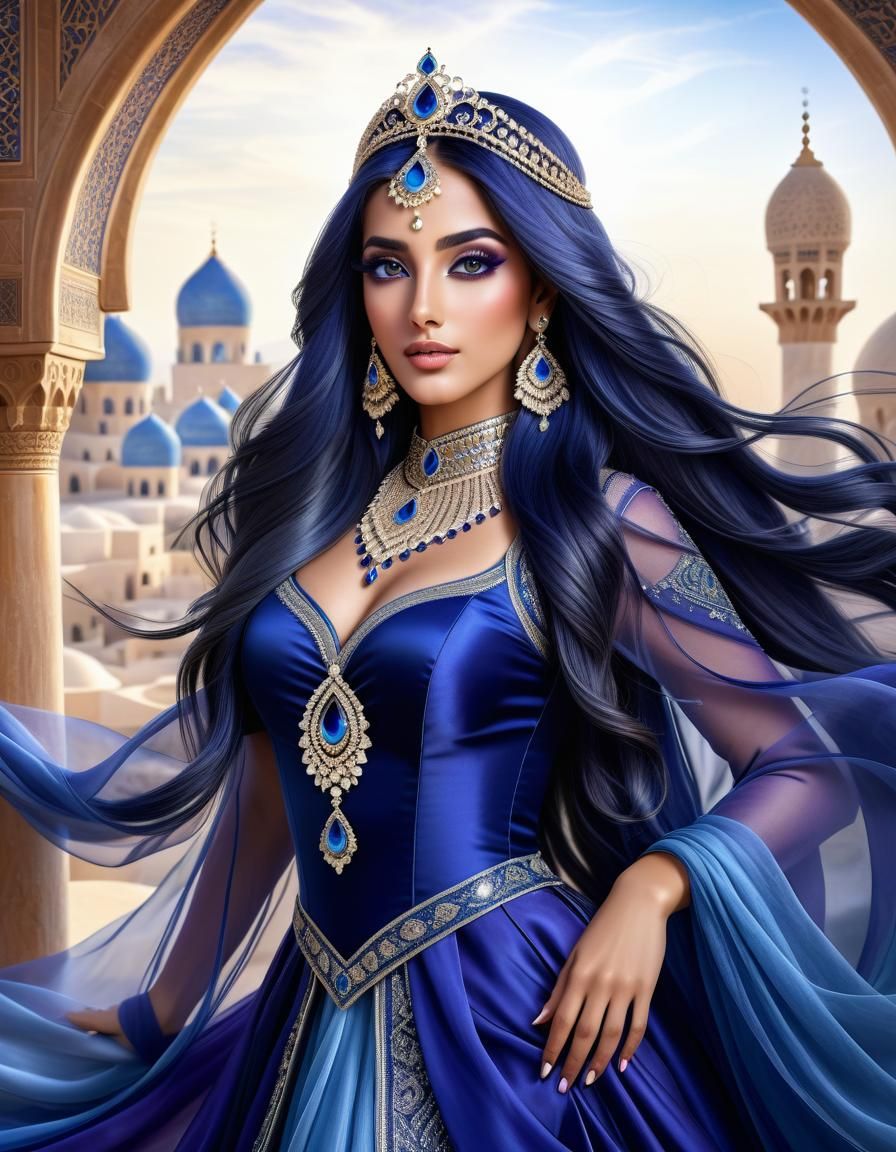Middle Eastern Princess with Flowing Indigo Hair