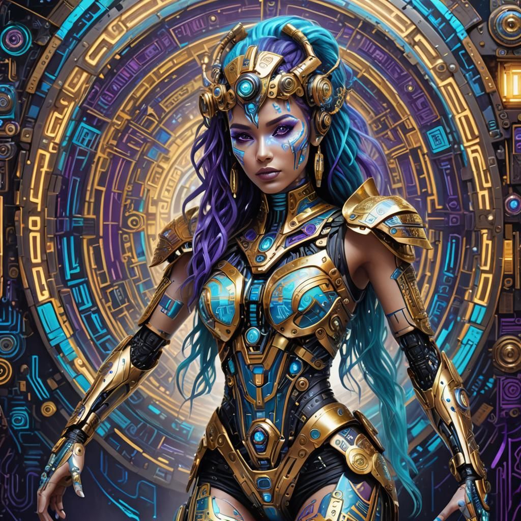 Futuristic Aztec Robot Girl with Glowing Circuits