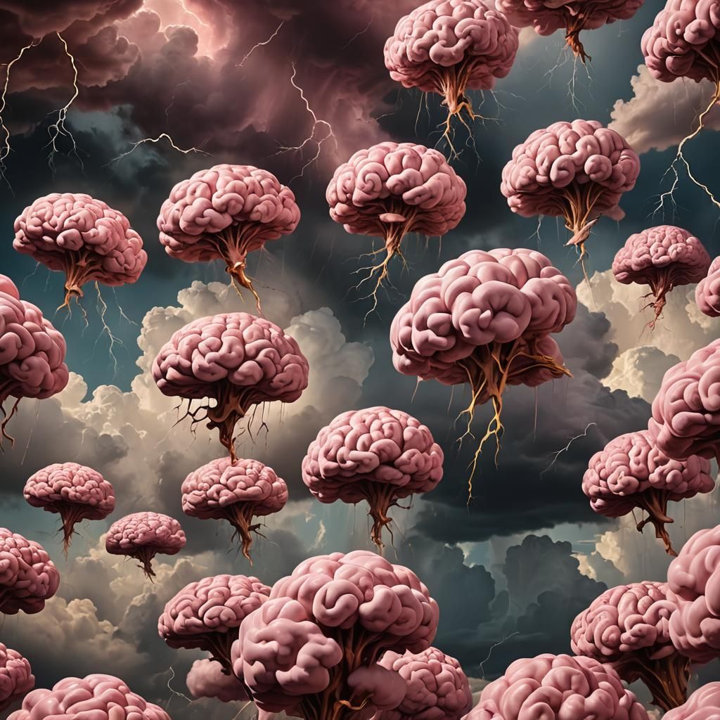 Surreal Pink Brains Rain in Storm, Dreamlike