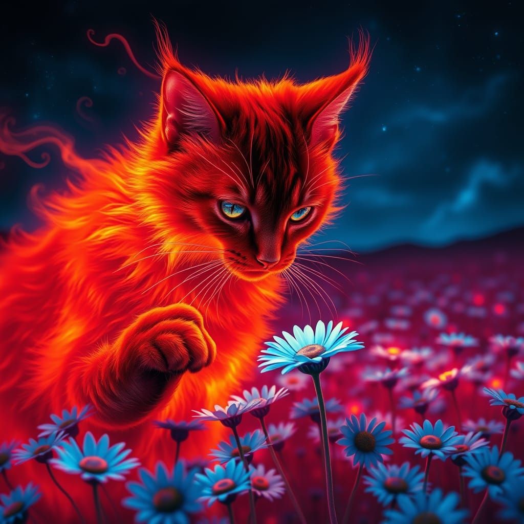 Fiery Cat Touches Glowing Daisy in Dreamy Field