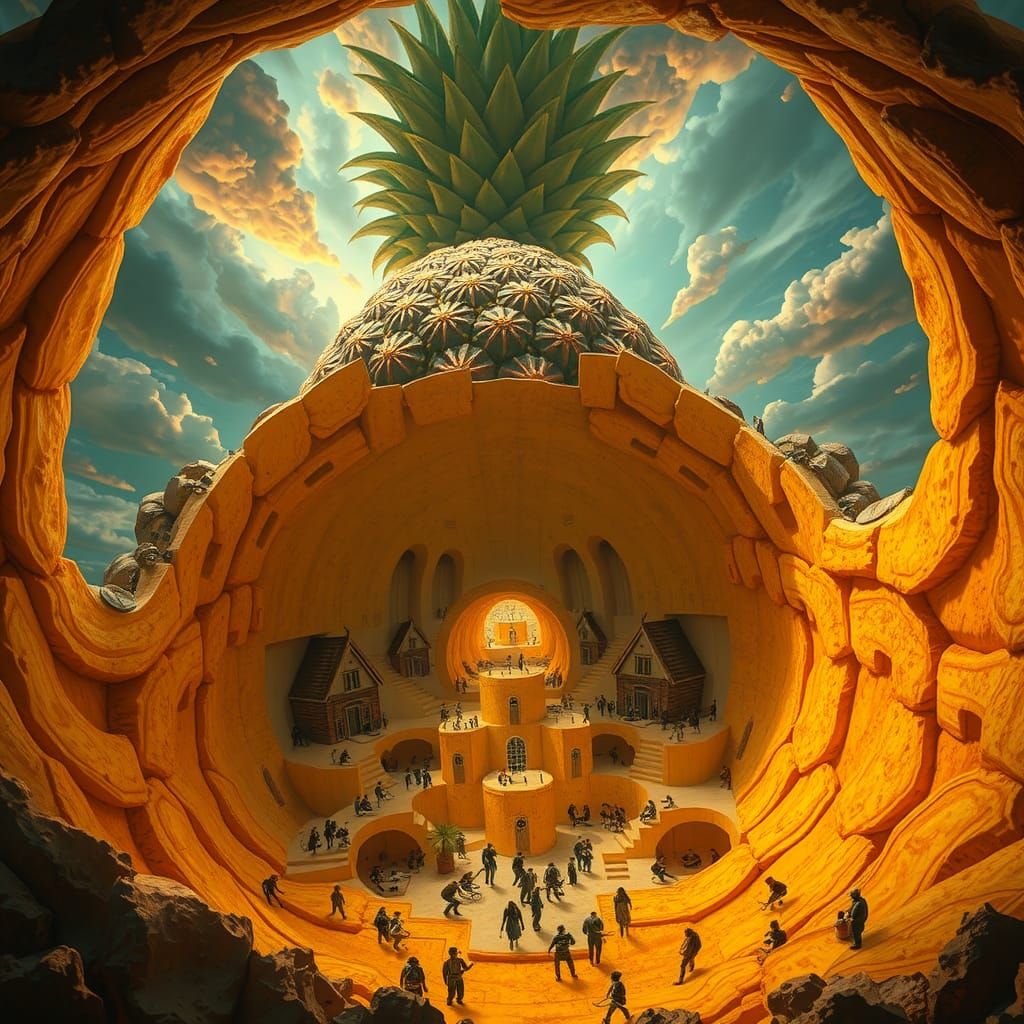 Village Inside Giant Pineapple in Dystopian Style