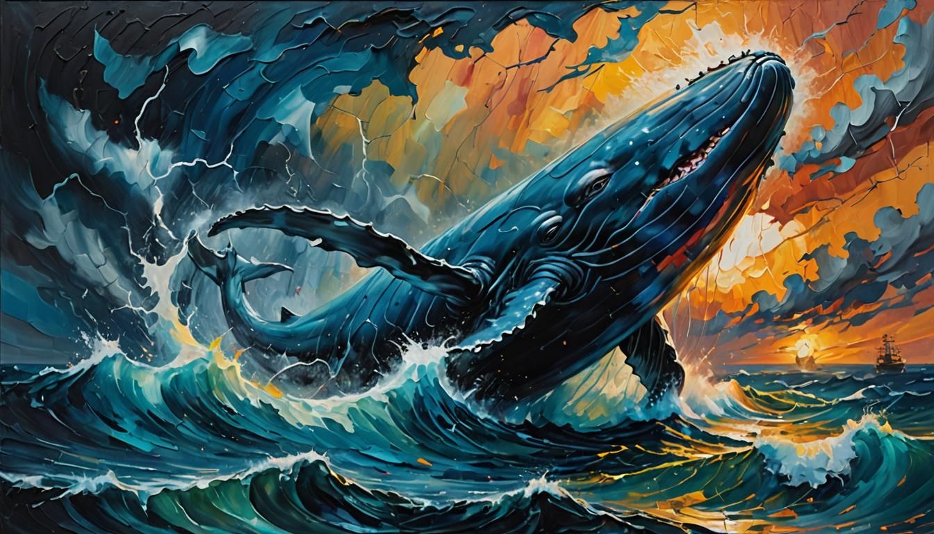 Whale Charges Ship in Ominous Seascape Painting