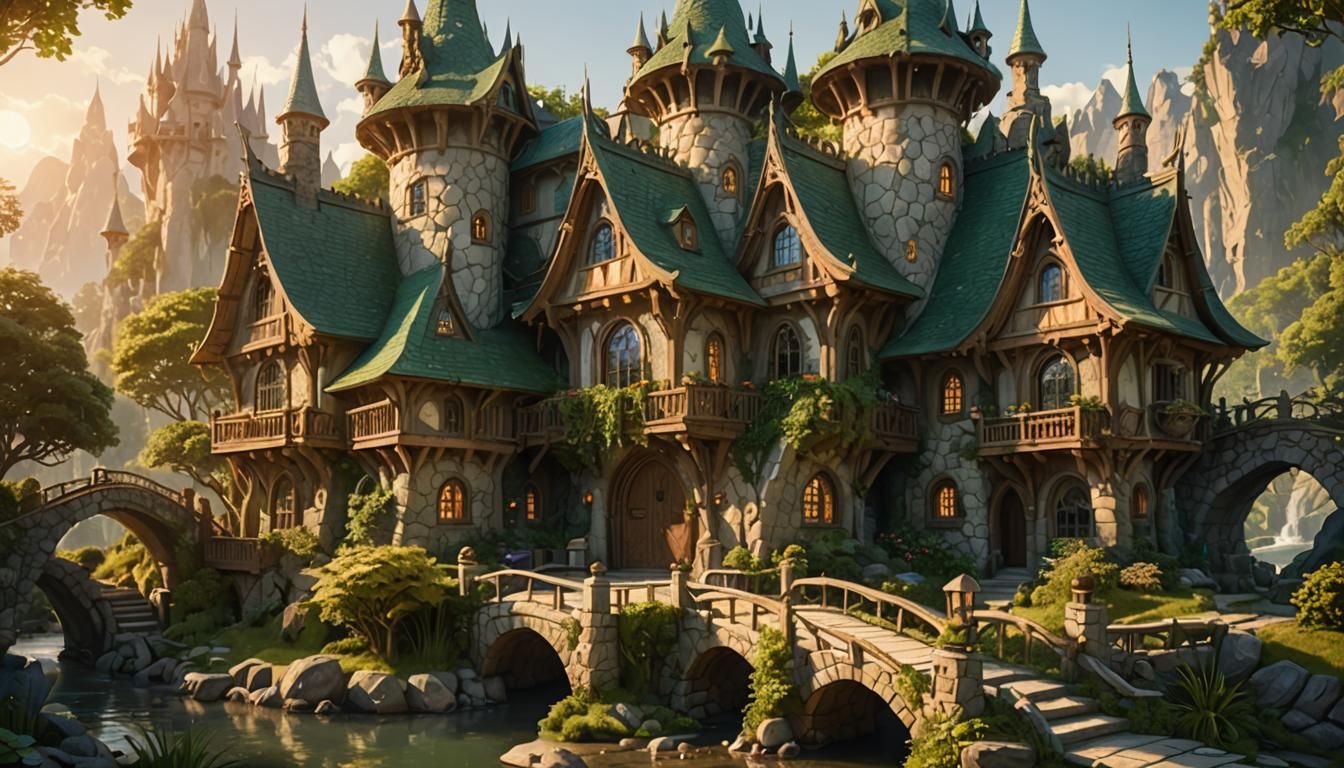Elven Cottage with Round Towers in Golden Light