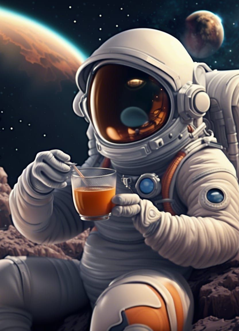 Cartoon Astronaut Drinks Tea in Space
