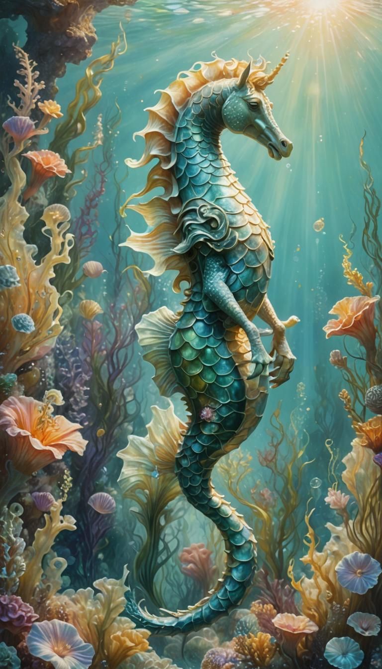 Fantasy Mermaid Riding Seahorse in Underwater Garden