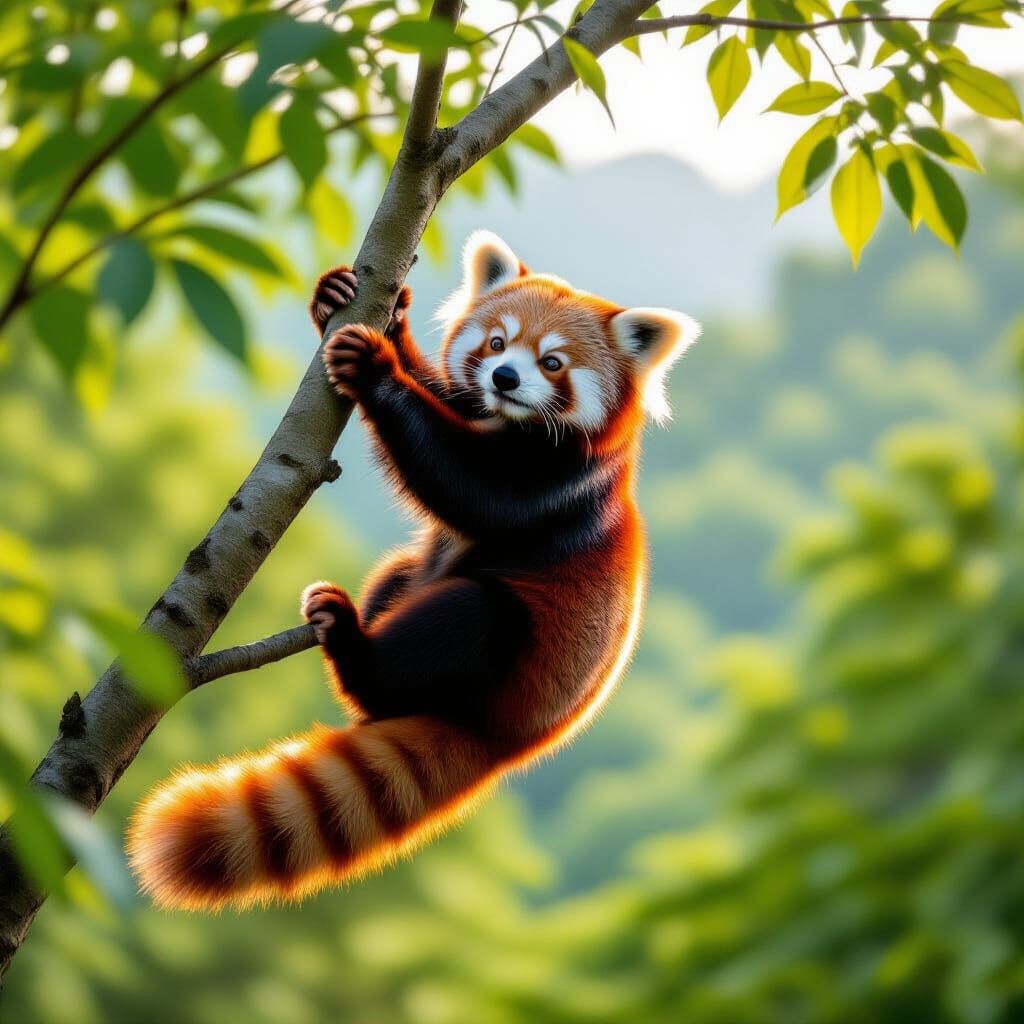 Red Panda Climbing Tree in Lush Forest Wildlife Photo