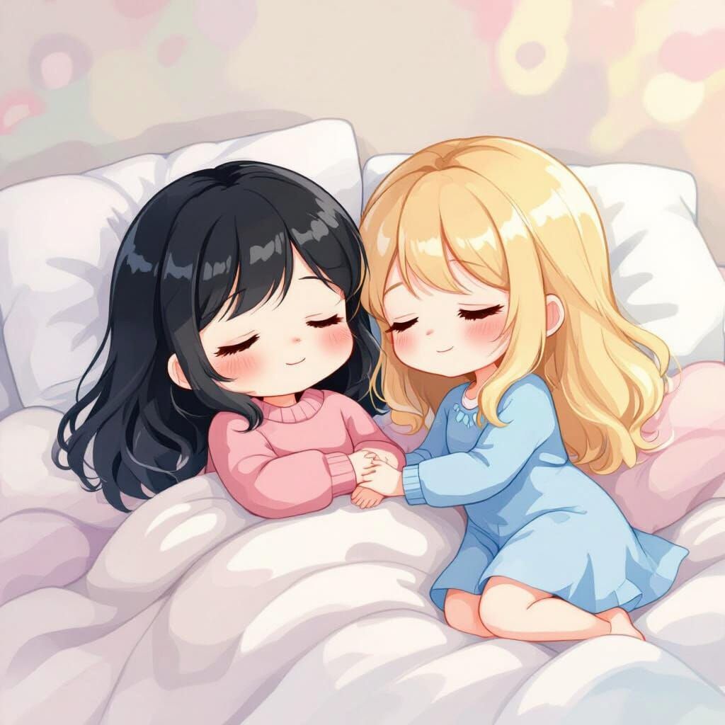 Chibi Girls Sleeping in Pastel Watercolor Style