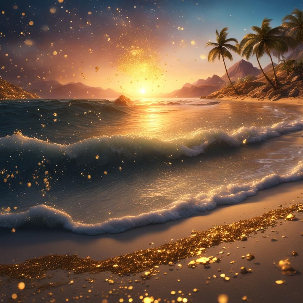 Sunset Beach with Gold Sparkles: Fantasy Concept Art