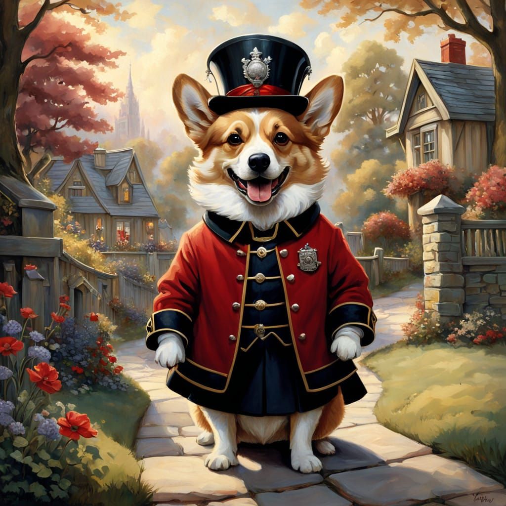 Dignified Corgi in British Beefeater's Regalia