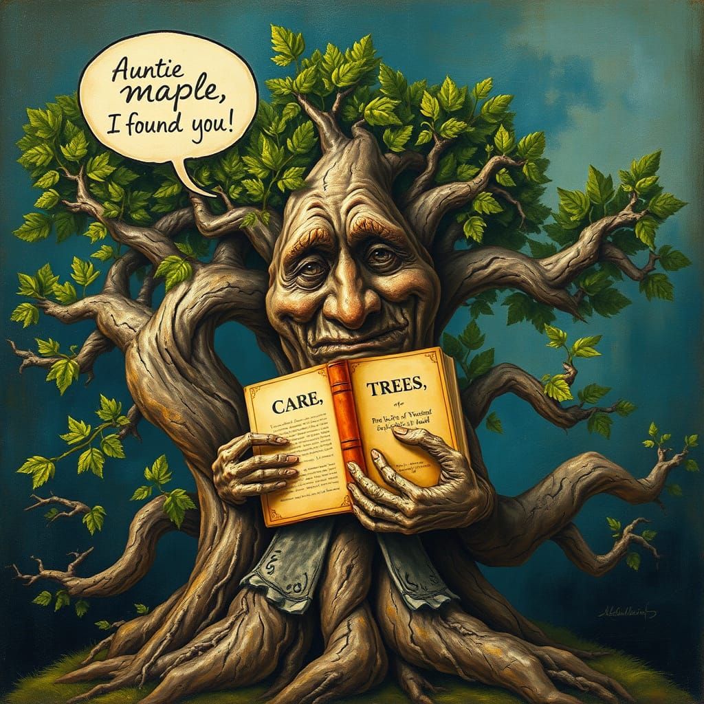 Surreal Tree Admires Vintage Book in Whimsical, Renaissance-...