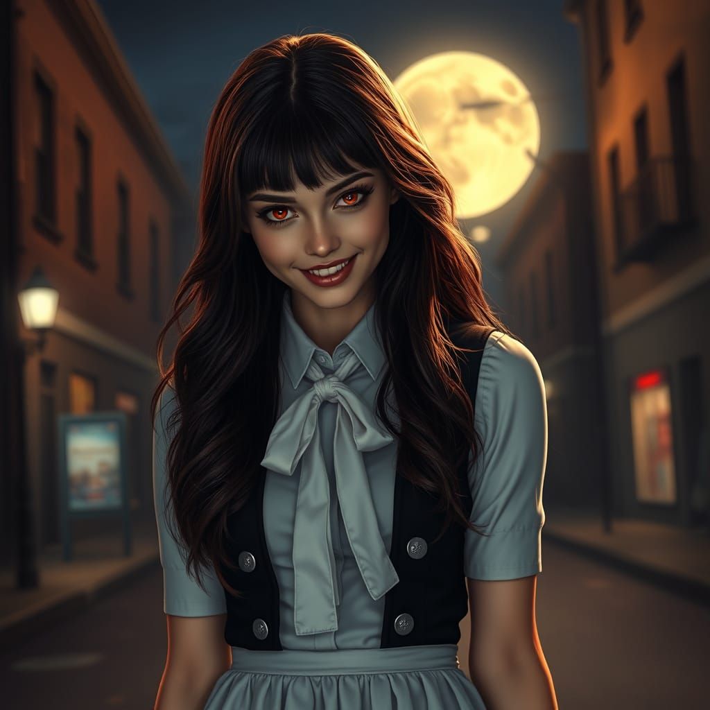 Enigmatic Vampire Woman in Midnight Uniform