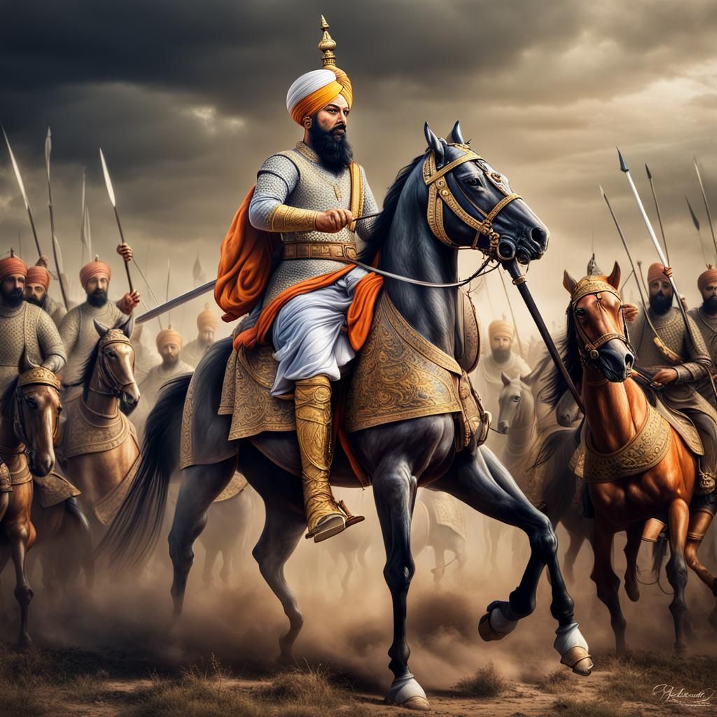 Sikh guru Guru gobind singh ji A Saint Warrior holding a sword sitting on a horse fighting with an army of Mughals at th...