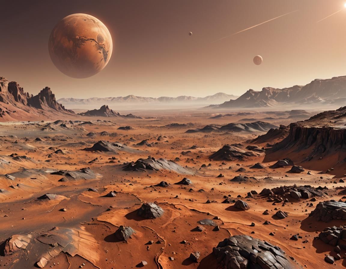 Martian Landscape with Moon Base in Digital Art