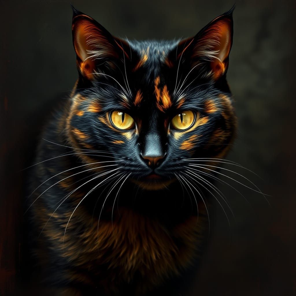 Tortoiseshell Cat Rogue: Matte Painting with Dramatic Lighti...