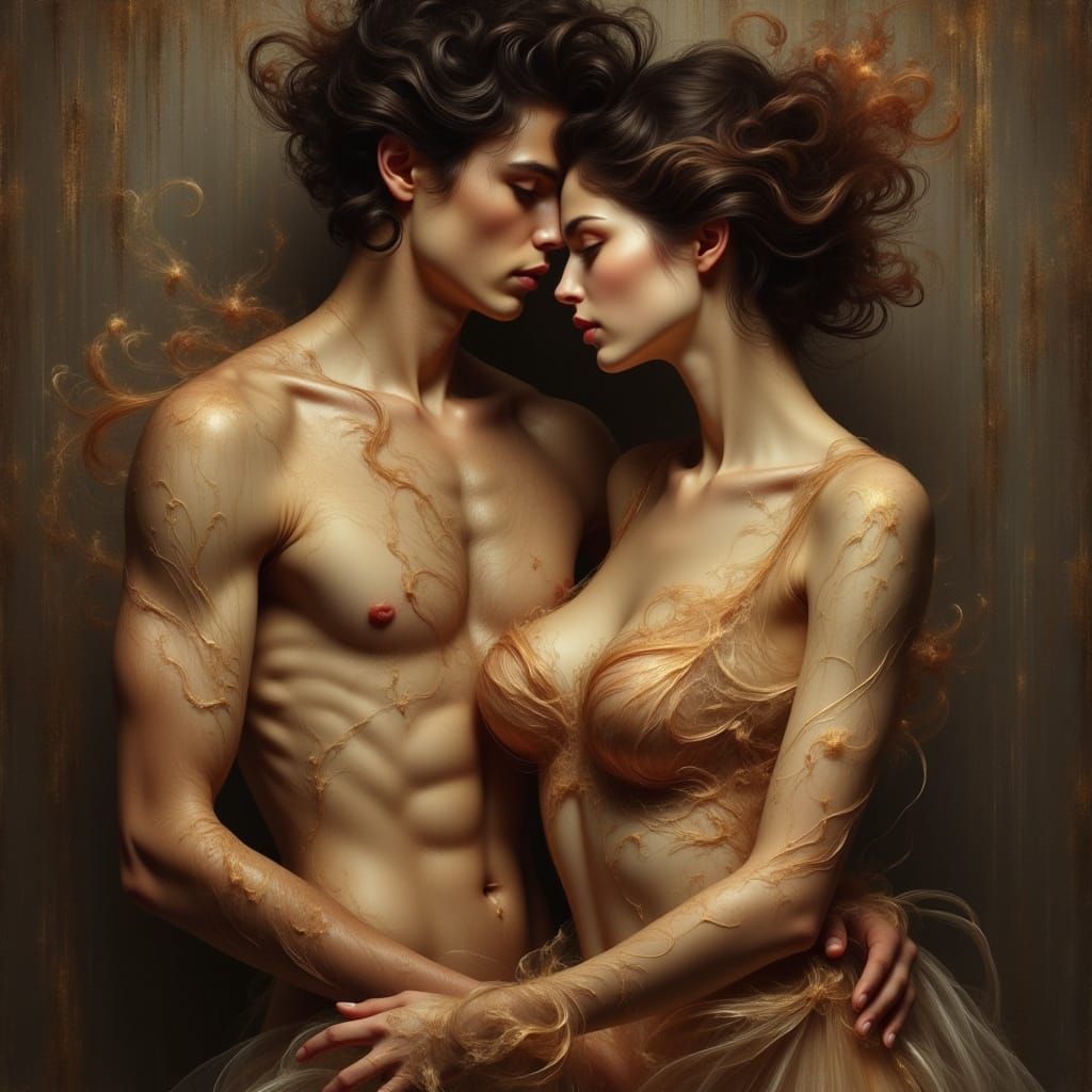 Egon Schiele Inspired Hyperrealist Oil Painting of Embracing...