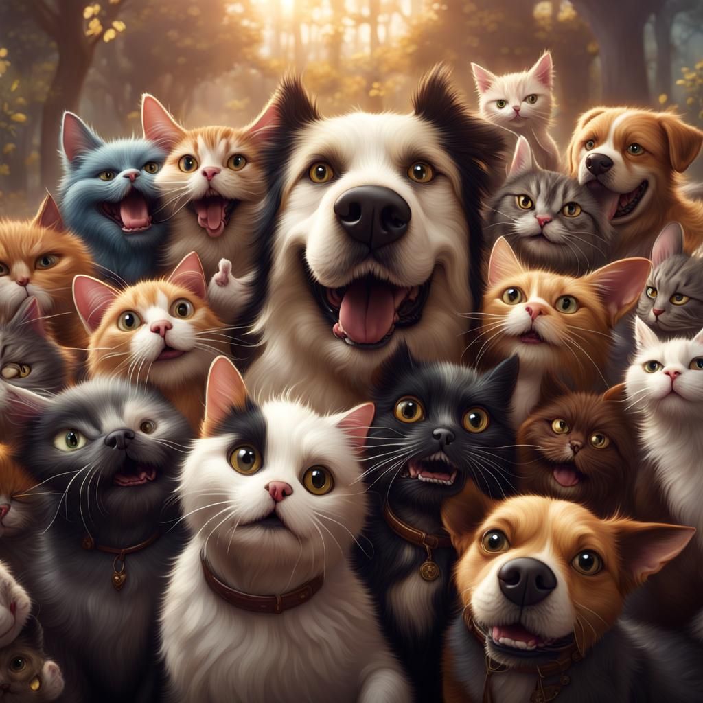 Humorous Cats and Dogs Group Selfie: Matte Painting