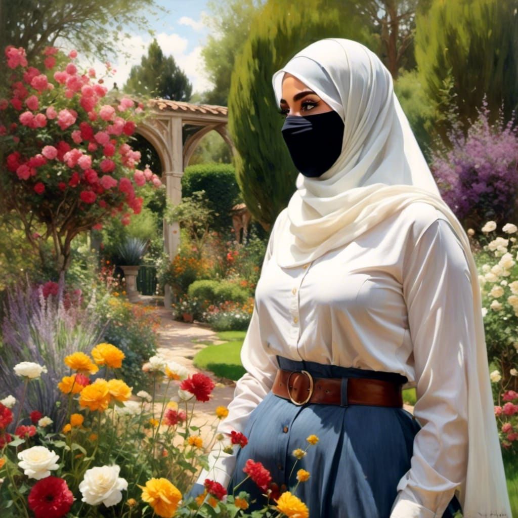 Swedish Woman Exploring Mystic Garden as Oil Painting