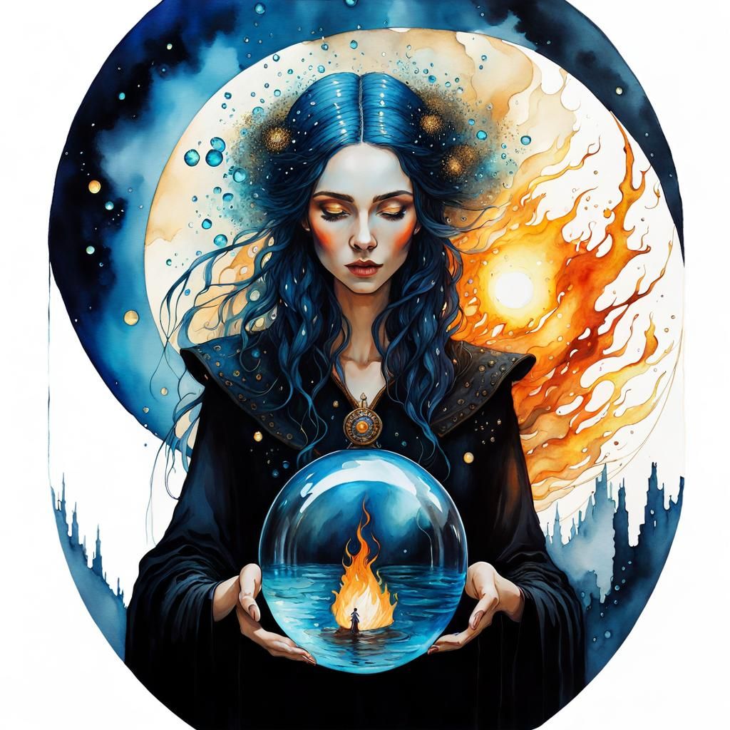 Whimsical Witch Manipulating Fire Inside Water Bubble