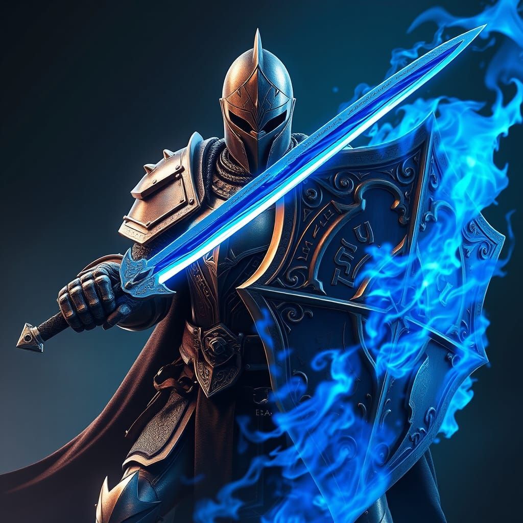 Epic Silver Knight with Vibrant Blue Fire Sword and Shield