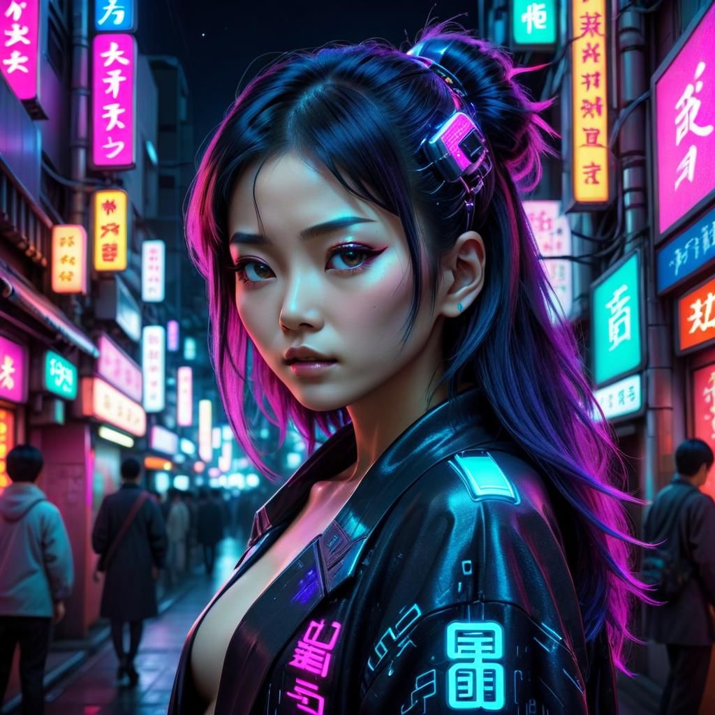 Cyberpunk Japanese Woman in Neon Tokyo