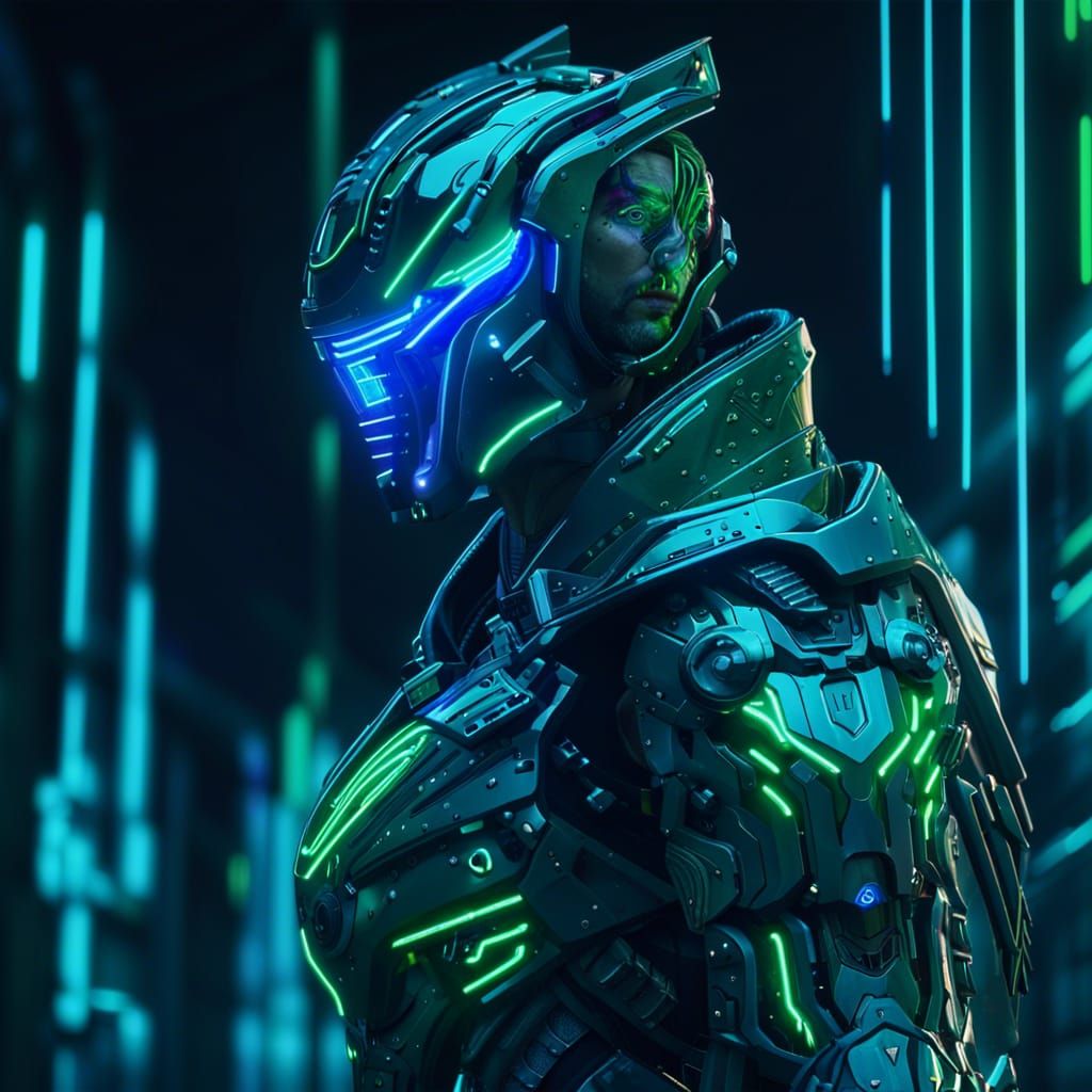 Cyberpunk Knight in Neon Lit Futuristic Armor