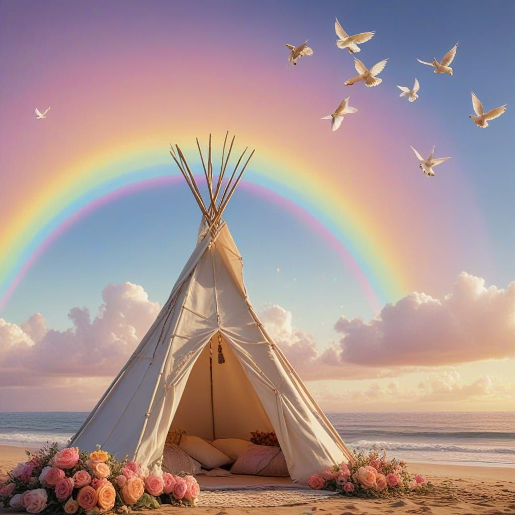 Heavenly Rainbow Over Ocean Tipi: Digital Art