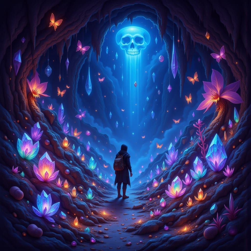 Adventurer in Glowing Crystal Cavern with Mythical Creatures
