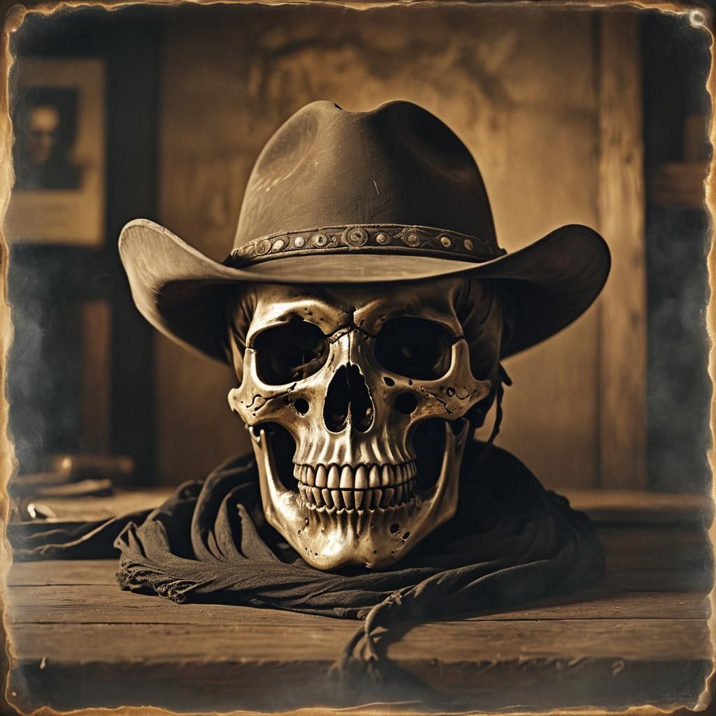 Smoky Saloon: Skull Cowboy in Golden Light